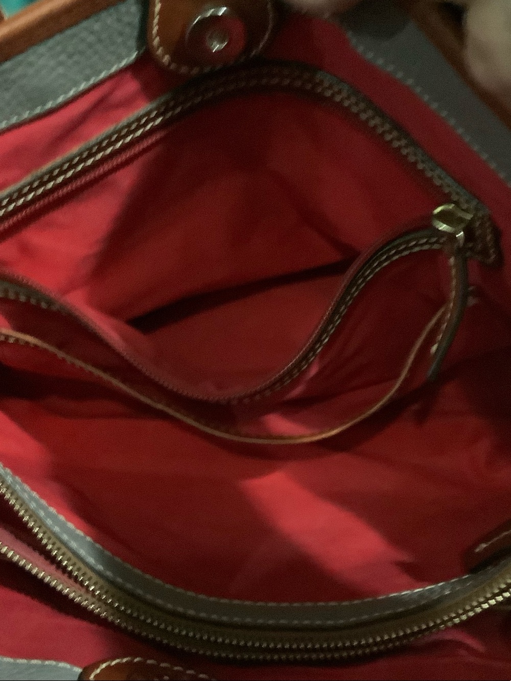 Dooney & Bourke Gray Pebbled Leather Tote with Brown Trim and Gold Plaque - Picture 2 of 4